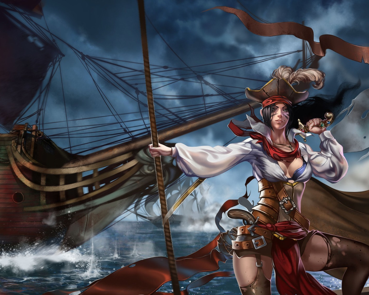 GoodFon.com - Free Wallpapers, download. sea, girl, weapons, the wind, ship, sailboat, art, p...