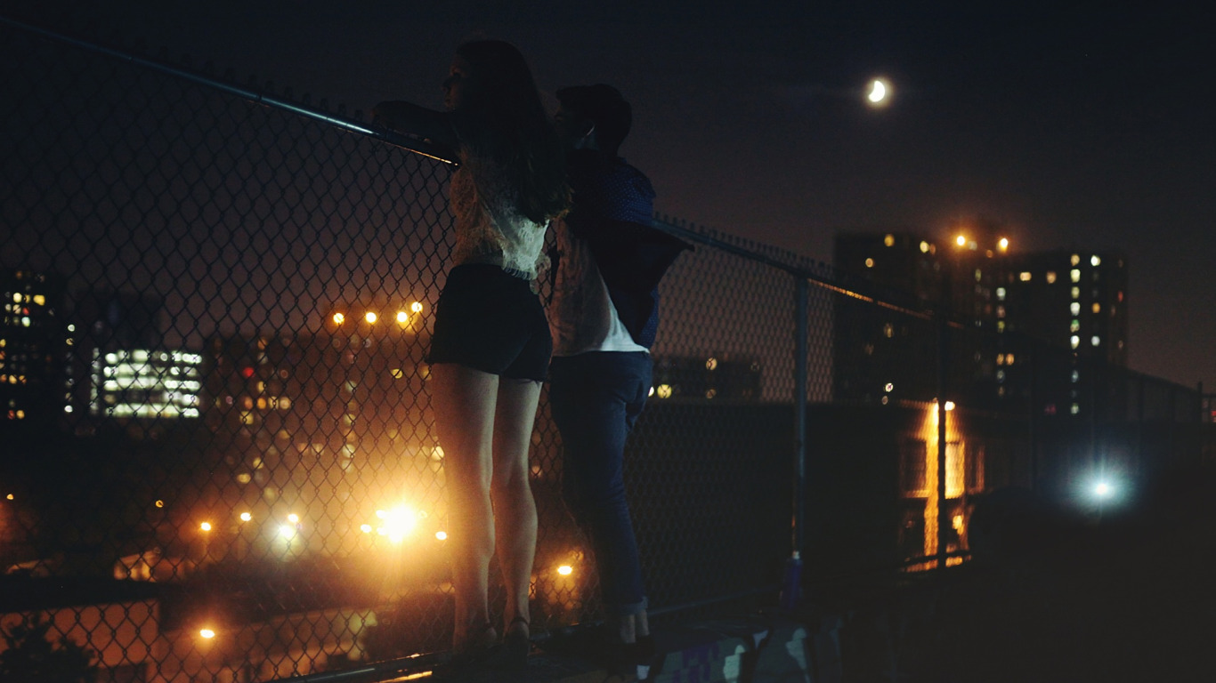 cold, girl, night, the moon, street, the fence, lights, guy, friends, megap...