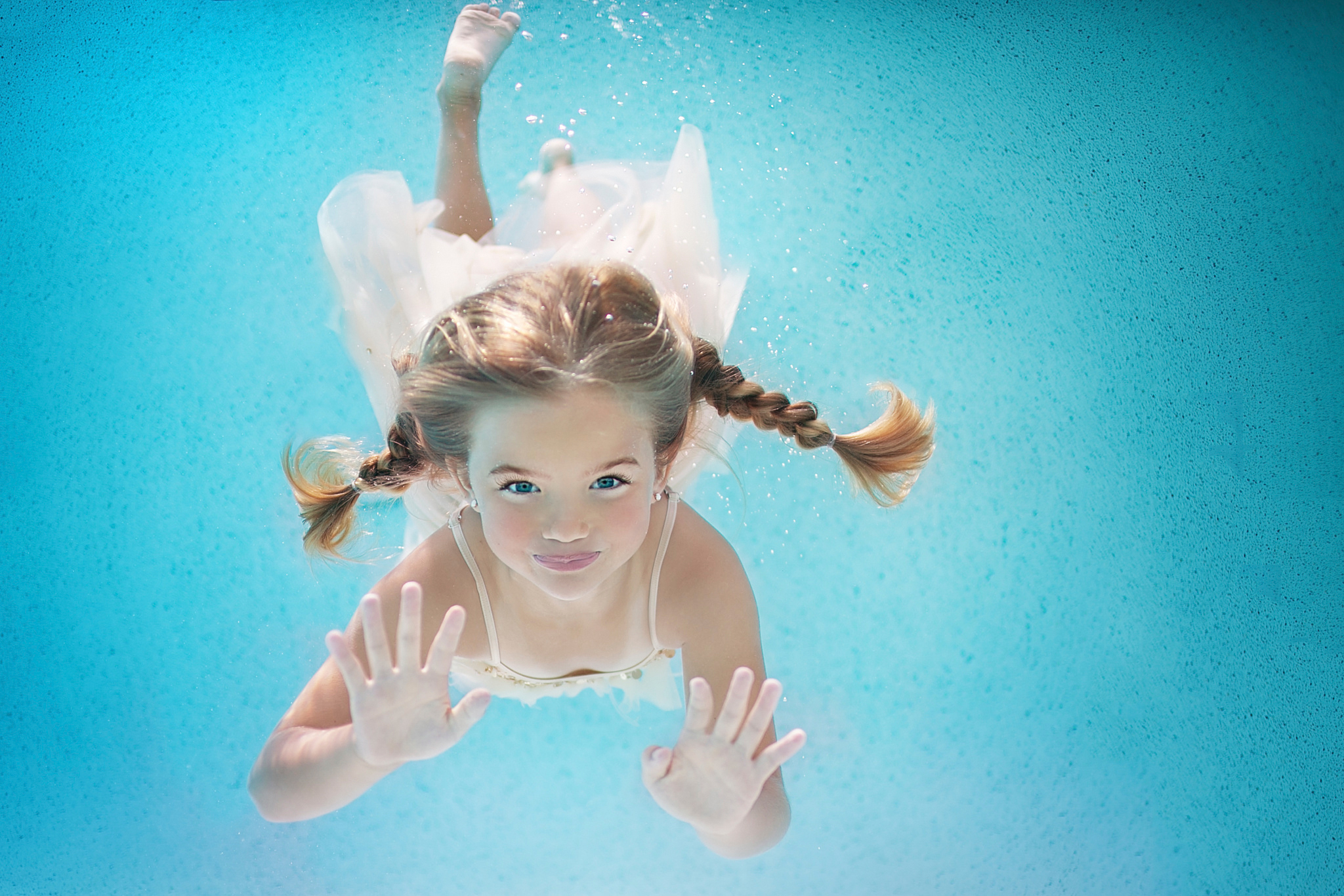 girl, braids, under water, swimming, Happy Summer. 