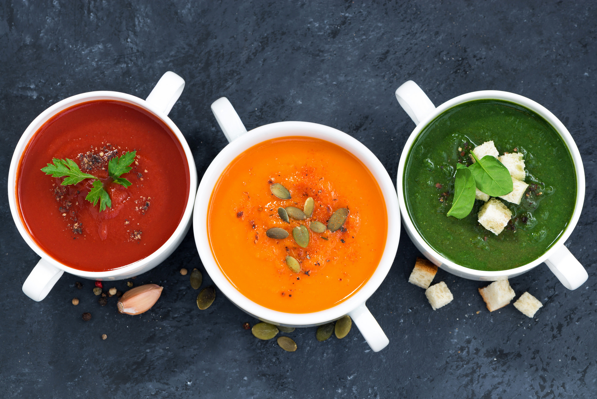 Download wallpaper soup, pumpkin, seeds, tomato, spinach, section food in r...