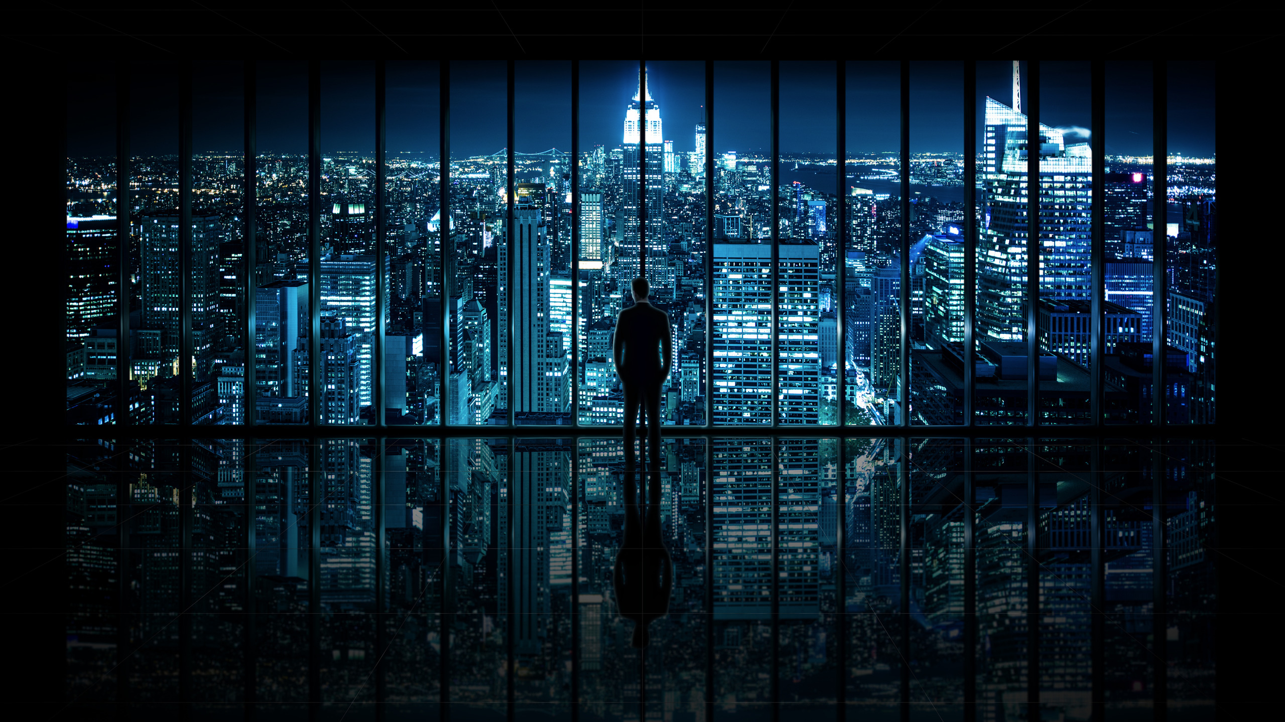 Download wallpaper night, the city, view, window, male, The Dark Knight,  New York City, Window to Gotham City, section city in resolution 2560x1440