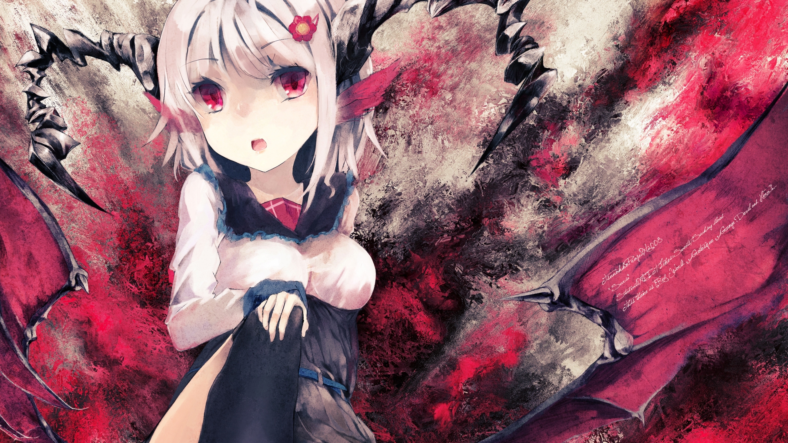 Download wallpaper flower, Girl, wings, stockings, dress, the demon, horns,  red eyes, short hair, pink hair, section other in resolution 2560x1440