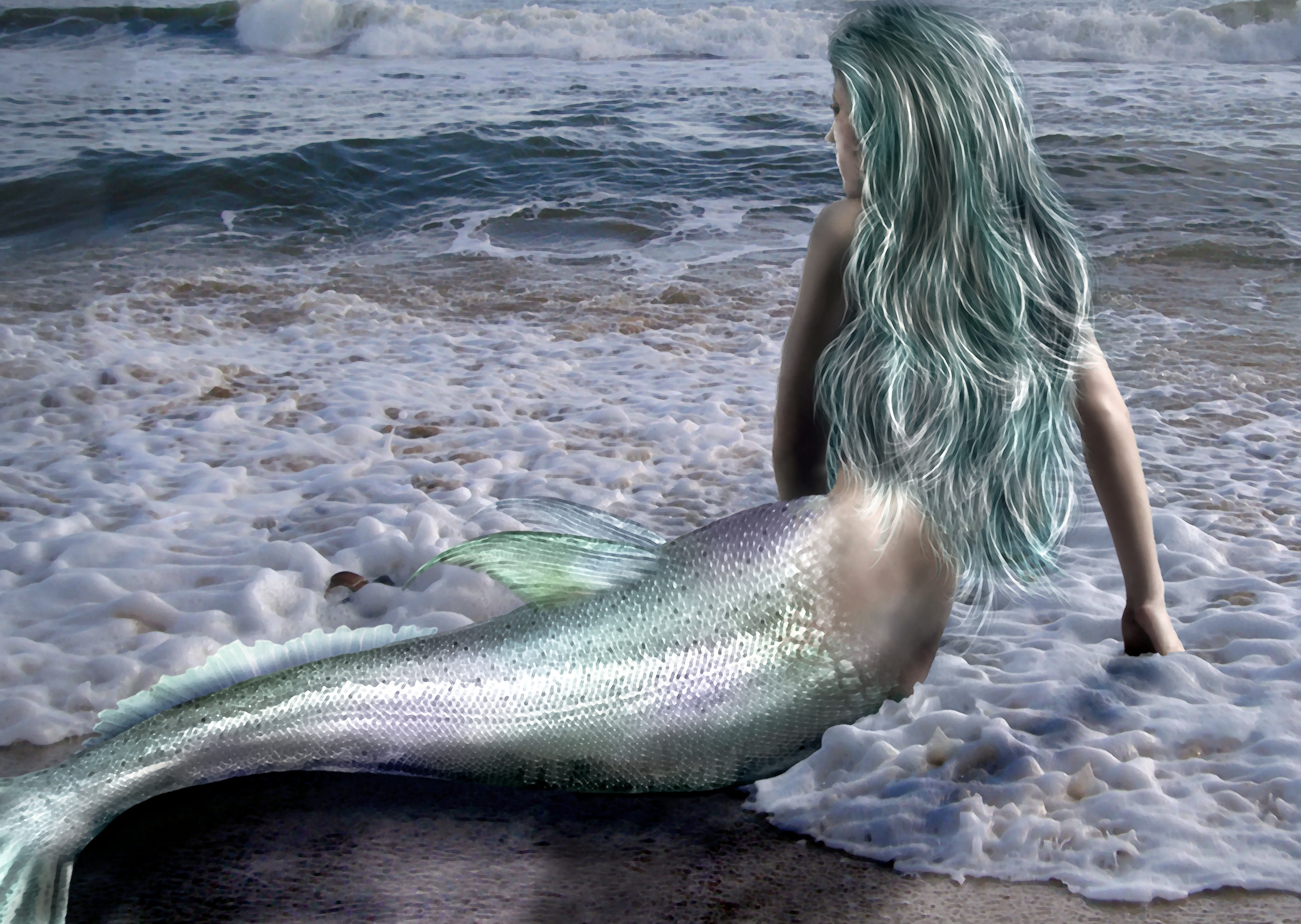 sea, wave, girl, fiction, hair, back, mermaid, hands, tail. 