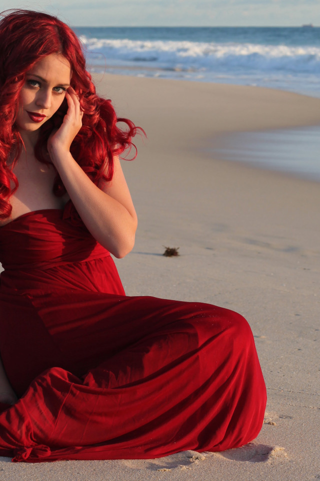 sand, sea, girl, makeup, lipstick, red dress, curls, red hair. 