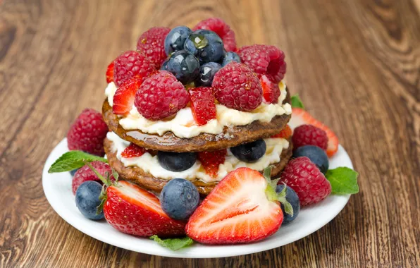 Picture berries, raspberry, strawberry, pancakes, cream, blueberries