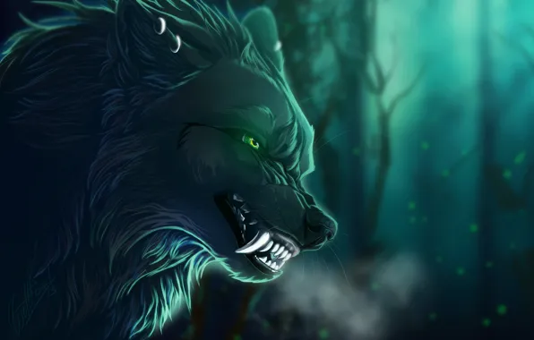 Picture look, branches, background, animal, wolf, art, mouth, fangs