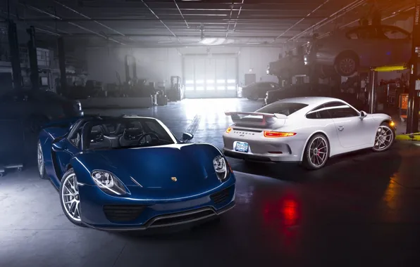 Picture Porsche, Blue, Front, Spyder, 918, GT3, White, Supercars, Garage, Automotive, Rear