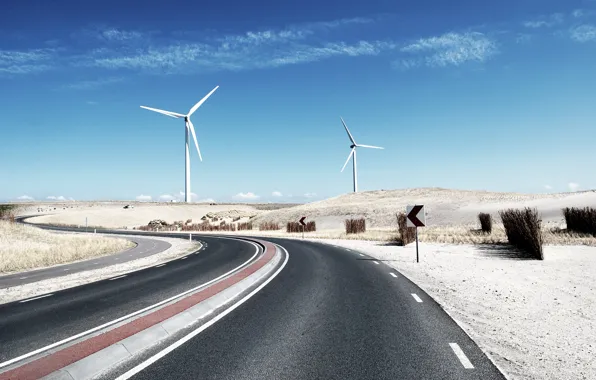 Picture road, desert, track, windmill, highway, mill, blades