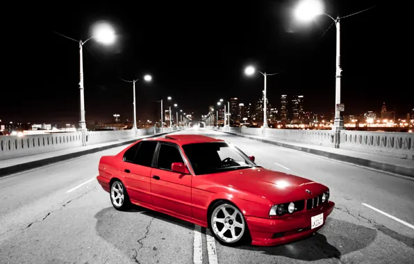 Picture night, bridge, the city, BMW, BMW, red, red, E34, 520i
