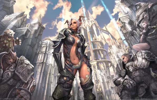 Picture girl, clouds, the city, magic, warrior, horns, armor, tera