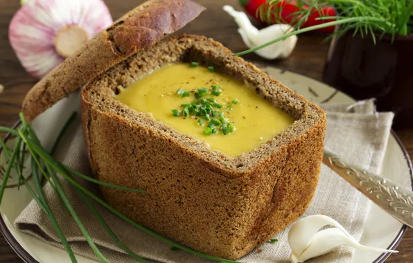 Picture greens, bread, roll, bread, greens, Lentil soup, Lentil soup