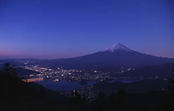 Picture the sky, the city, lights, lake, mountain, the evening, Japan, Fuji