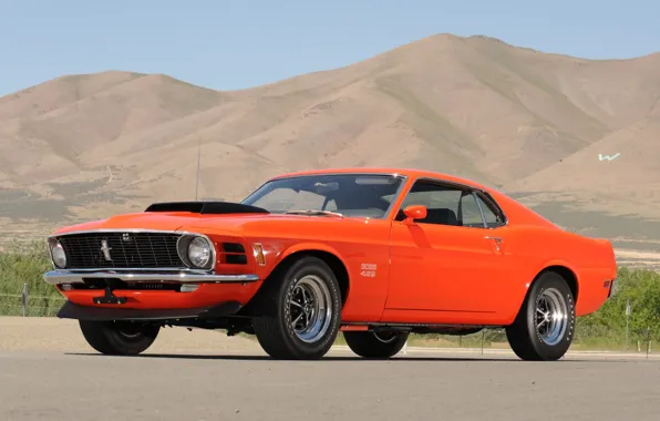 Picture the sky, mountains, orange, Mustang, Ford, Ford, Mustang, muscle car, classic, 1970, the front, Boss, …