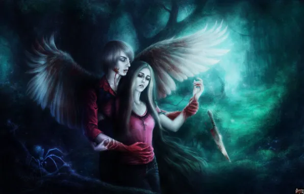 Picture forest, girl, blood, wings, spider, art, knife, guy, wounds