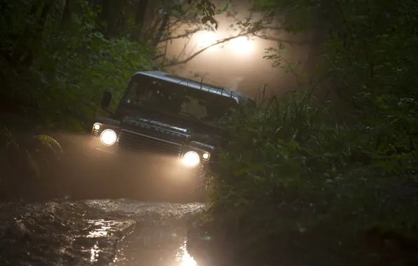 Picture background, lights, jeep, Land Rover, Defender, Land Rover, Defender, forest.dirt, SUV.the front