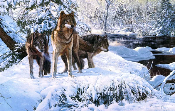 Picture winter, forest, snow, river, art, wolves, Richard Luce