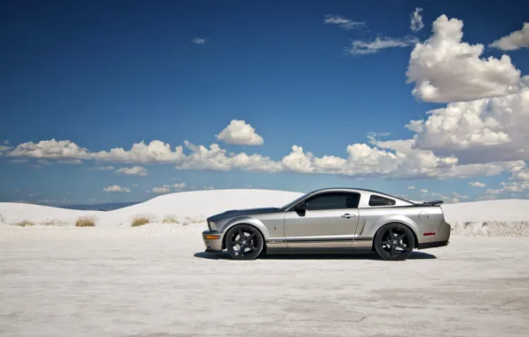 Picture the sky, clouds, mountains, Mustang, Ford, Shelby, GT500, shadow, dunes, drives, desert, side