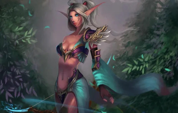 Picture girl, bow, tattoo, art, World of Warcraft, ears, Hunter, Night Elf, wow, Cheng Guang