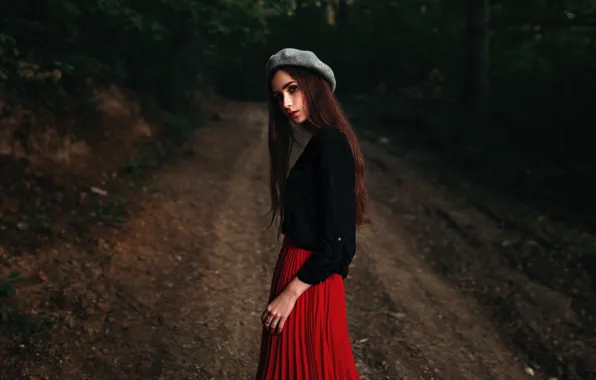 Picture forest, look, girl, sweetheart, model, skirt, portrait, track, light, hat, the beauty, jacket, nature, young, …