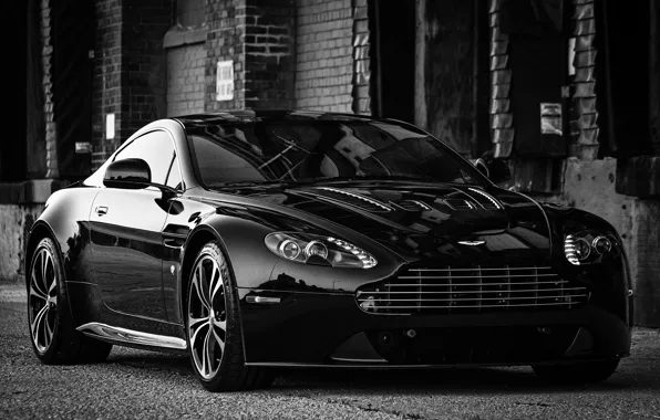 Picture black, Aston Martin, V12, black and white photo, Vantage Carbon Edition