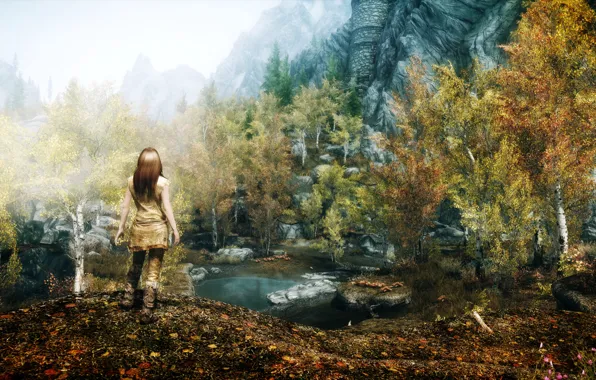 Picture girl, Nature, Mountains, The game, Rocks, Trees, Pond, Skyrim