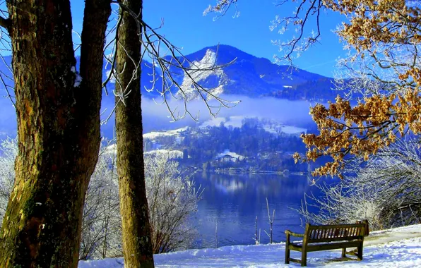 Picture winter, the sky, snow, trees, mountains, lake, Park, bench