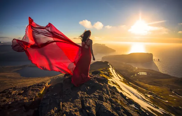 Picture girl, sunset, mood, the ocean, coast, Denmark, dress, red dress, The Atlantic ocean, Faroe Islands, …