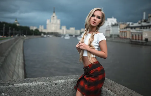Picture girl, clouds, the city, river, overcast, skirt, t-shirt, blonde, Moscow, Russia, beautiful, cute, chic, bokeh, …
