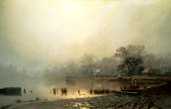Picture autumn, water, trees, fog, shore, picture, painting, Kamenev