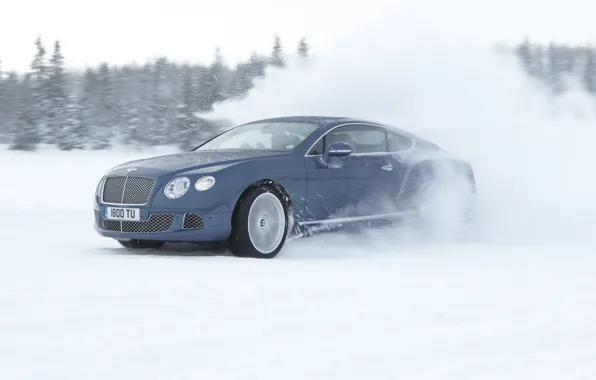 Picture snow, squirt, Bentley, Continental, skid, Continental, Bentley, supercar, drift, the front