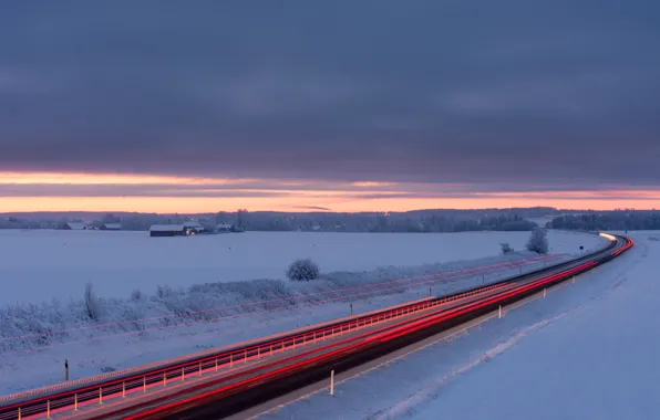 Picture winter, road, field, the sky, snow, clouds, dawn, morning, excerpt, traffic, houses, Sweden, dawn