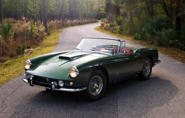 Picture road, forest, background, Ferrari, green, Ferrari, the front, Cabriolet, 1959, 400, SWB, Superamerica, Superamerica