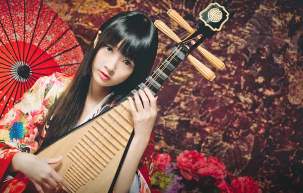 Picture look, girl, umbrella, Asian, musical instrument, lute, Pipa