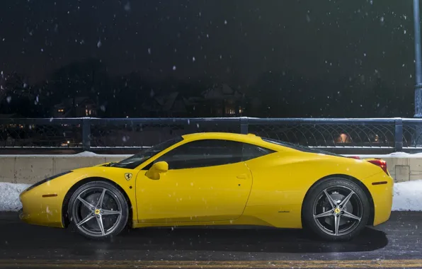 Picture Ferrari, 458, Snow, Yellow, Side, Italia, Road, Supercar, Ligth, Nigth