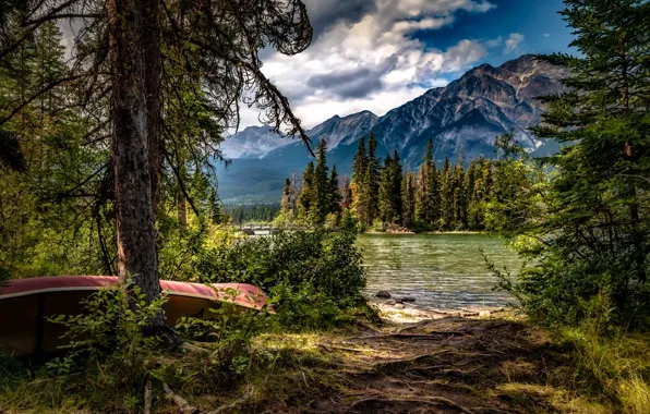 Picture trees, mountains, lake, boat, Canada, Albert, Alberta, Canada, Jasper National Park, Jasper national Park, Pyramid …