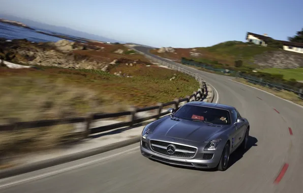 Picture road, stones, the fence, speed, mercedes, benz, sls, amg