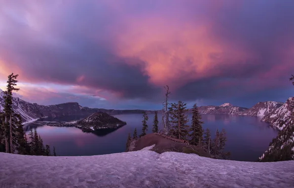 Picture winter, snow, sunset, island, Lake, USA, crater, Oregon, Crater Lake, Crater Lake National Park