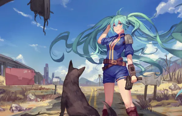 Picture the sky, girl, clouds, gun, weapons, dog, anime, art, vocaloid, hatsune miku, crossover, Fallout 4, …