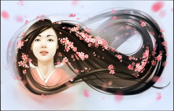 Picture girl, face, hair, spring, petals, art