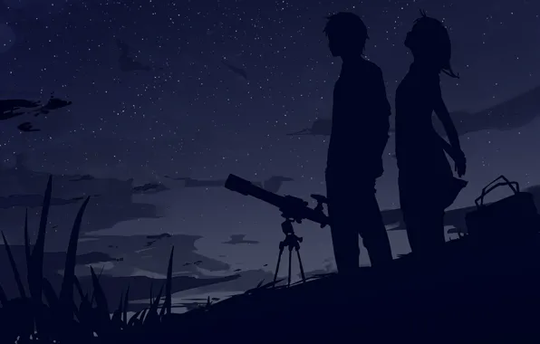 Picture the sky, stars, clouds, the wind, Night, bag, two, silhouettes, telescope