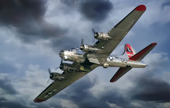 Picture the plane, fortress, bomber, American, Boeing, heavy, B-17, WW2., Flying, times, four-engine, Flying Fortress, metal