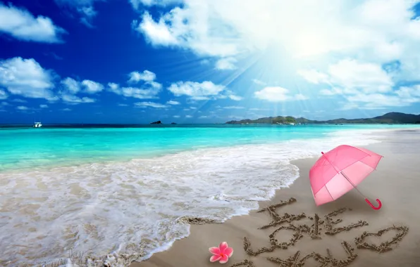 Picture sand, beach, love, romance, heart, figure, love, beach, sea, i love you, umbrella, romantic, sand, …