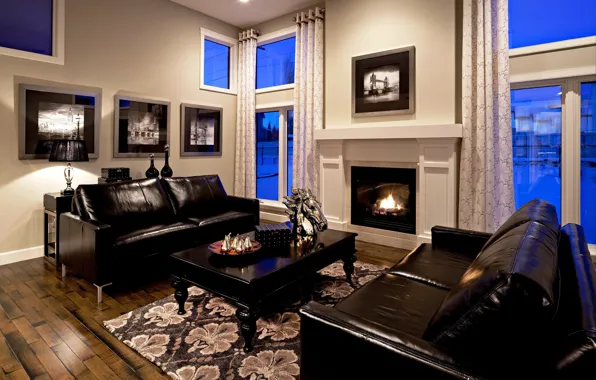 Picture design, style, room, sofa, black, interior, fireplace, leather