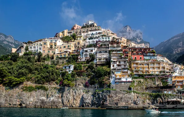 Picture the sky, clouds, mountain, home, slope, Italy, Positano, Salerno