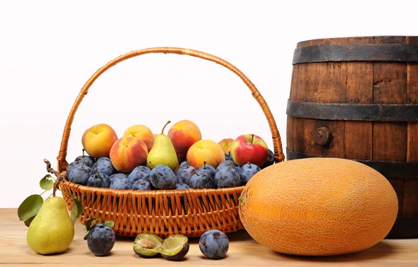 Picture basket, apples, fruit, peaches, plum, pear, melon, barrel