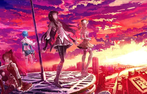 Picture the sky, clouds, sunset, the city, weapons, girls, building, home, sword, anime, art, mahou shoujo …