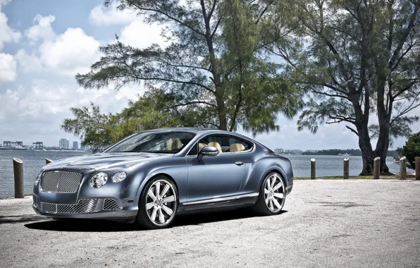 Picture the sky, trees, shore, coupe, Bentley, Continental, Continental, Bentley, the front