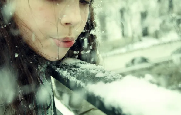Picture winter, girl, snow, snowflakes, children, mood, hat, brunette, girl