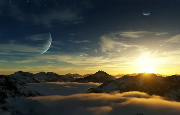 Picture the sky, the sun, clouds, mountains, planet