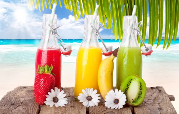 Picture sea, beach, the sky, the sun, clouds, kiwi, strawberry, fruit, banana, drinks, beach, sky, sea, …